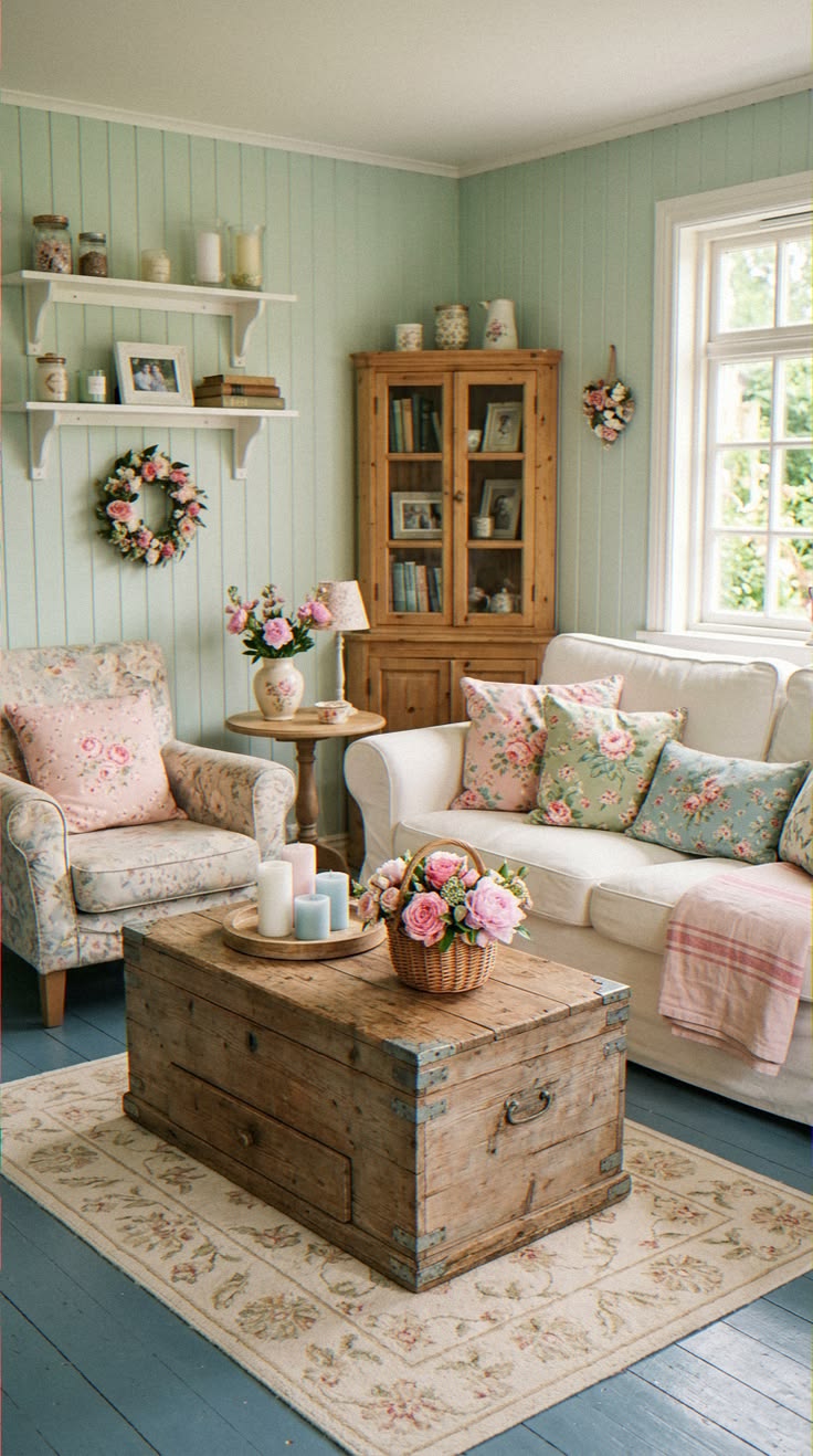 Step into cozy charm with antique accents, soft textures, an