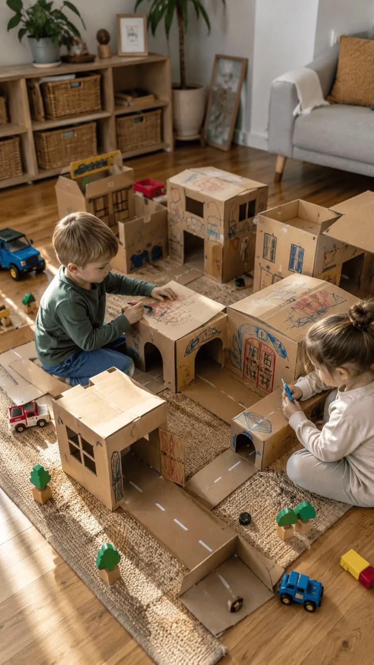 Children building and decorating a pretend town made from re