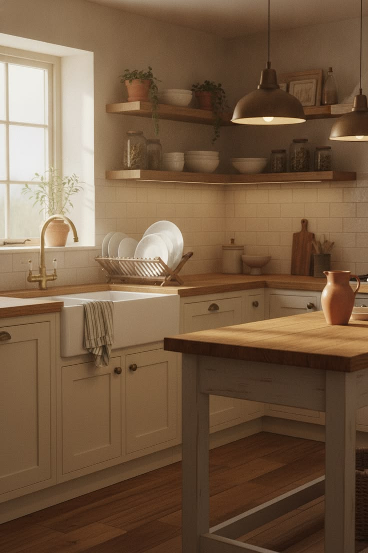 Freshly washed plates drying in a cozy farmhouse kitchen wit