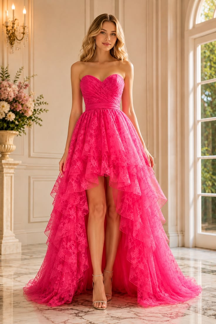 Hot Pink Strapless Lace High Low Ruffle Prom