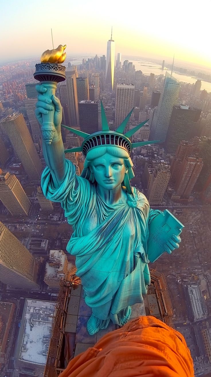 A breathtaking aerial view of the Statue of Liberty capturin