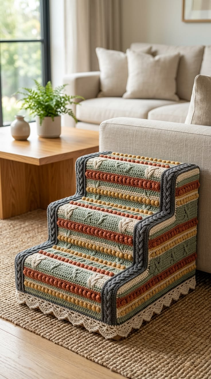 A cozy and stylish handmade crochet cover for pet stairs fea