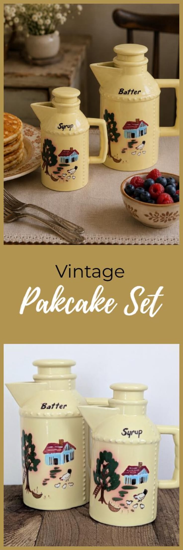 Vintage MCM Yellow Ceramic Pancake Set, 2-piece Farmhouse Ba