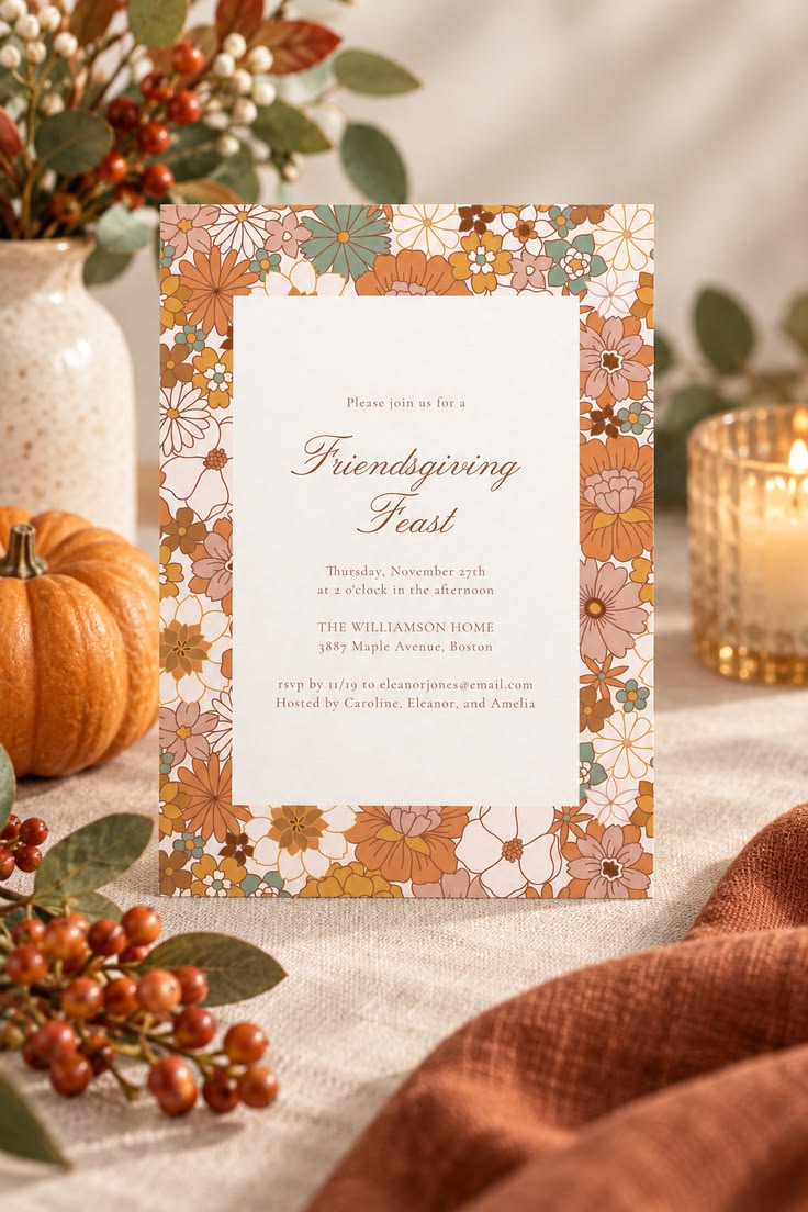 Retro floral Friendsgiving invitation with warm fall colors,