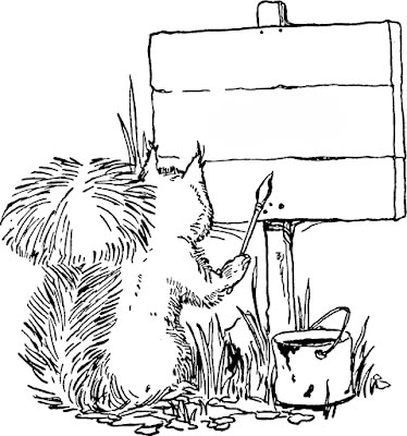 Illustration of a squirrel in front of a blank wooden sign
