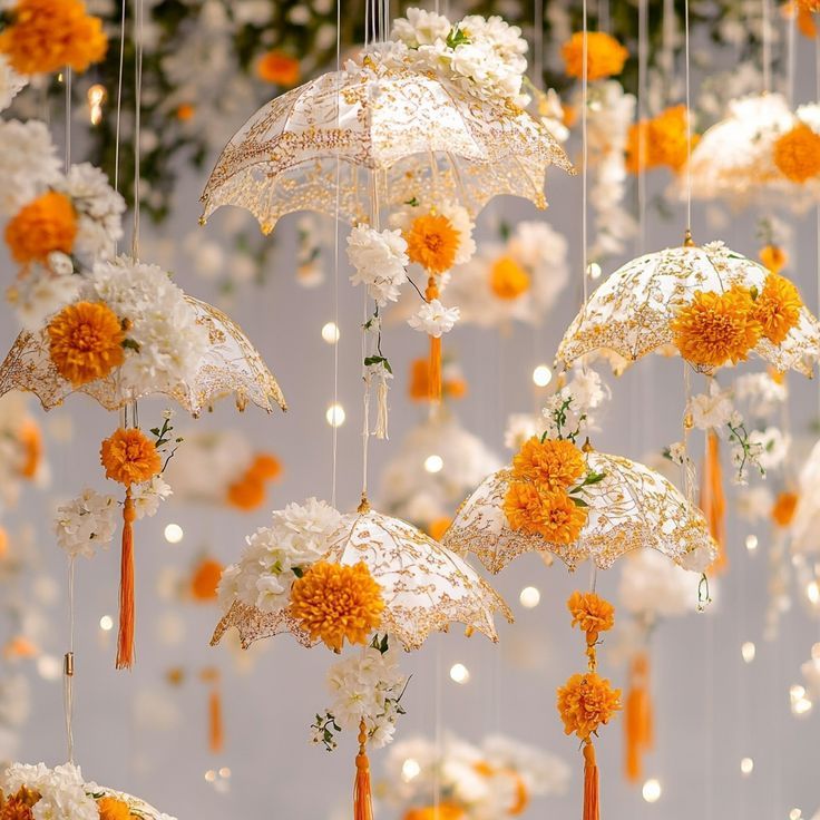 Create Magic with White Umbrellas and Orange Marigold Accent