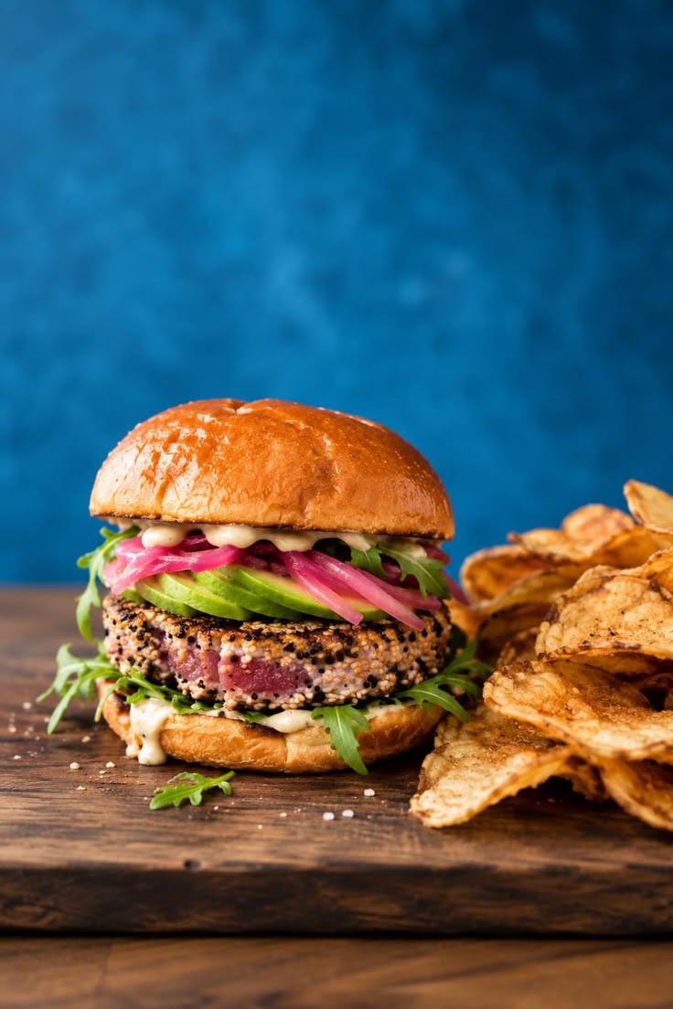 Panko sesame-crusted ahi tuna sandwich served on a toasted b
