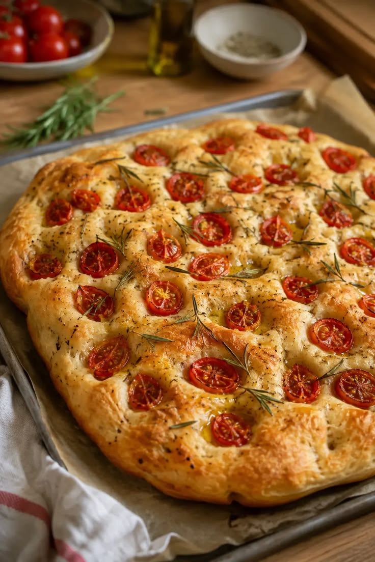 Focaccia tomates cerises et romarin : ultra moelleuse, croût