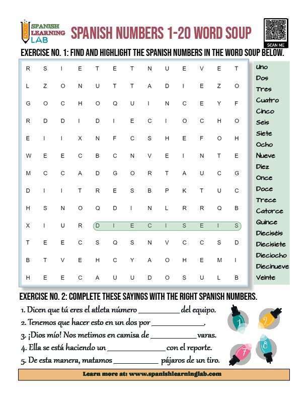 A nice PDF worksheet with two exercises on Spanish Numbers 1