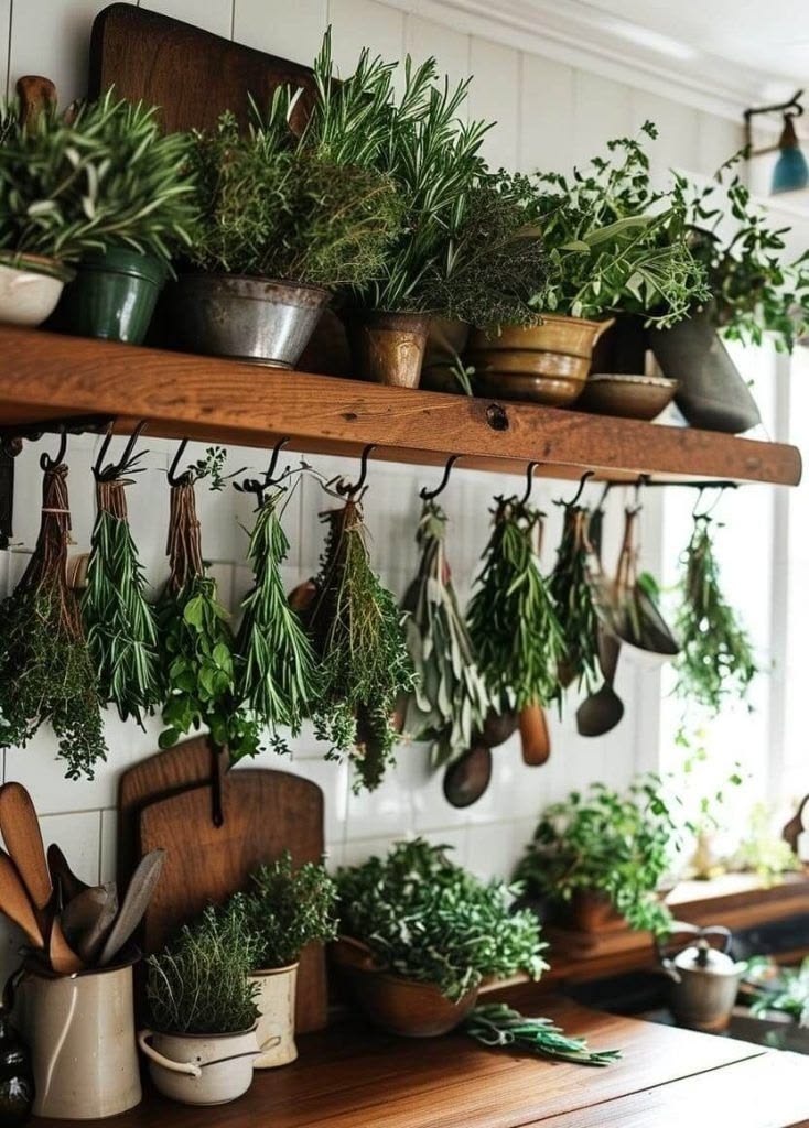 Discover a cozy, botanical kitchen with hanging herbs, indoo