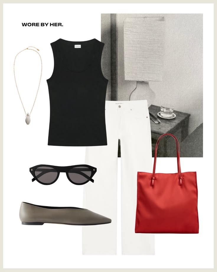 Minimalist black and white outfit with red accents.
.
.
.
.
