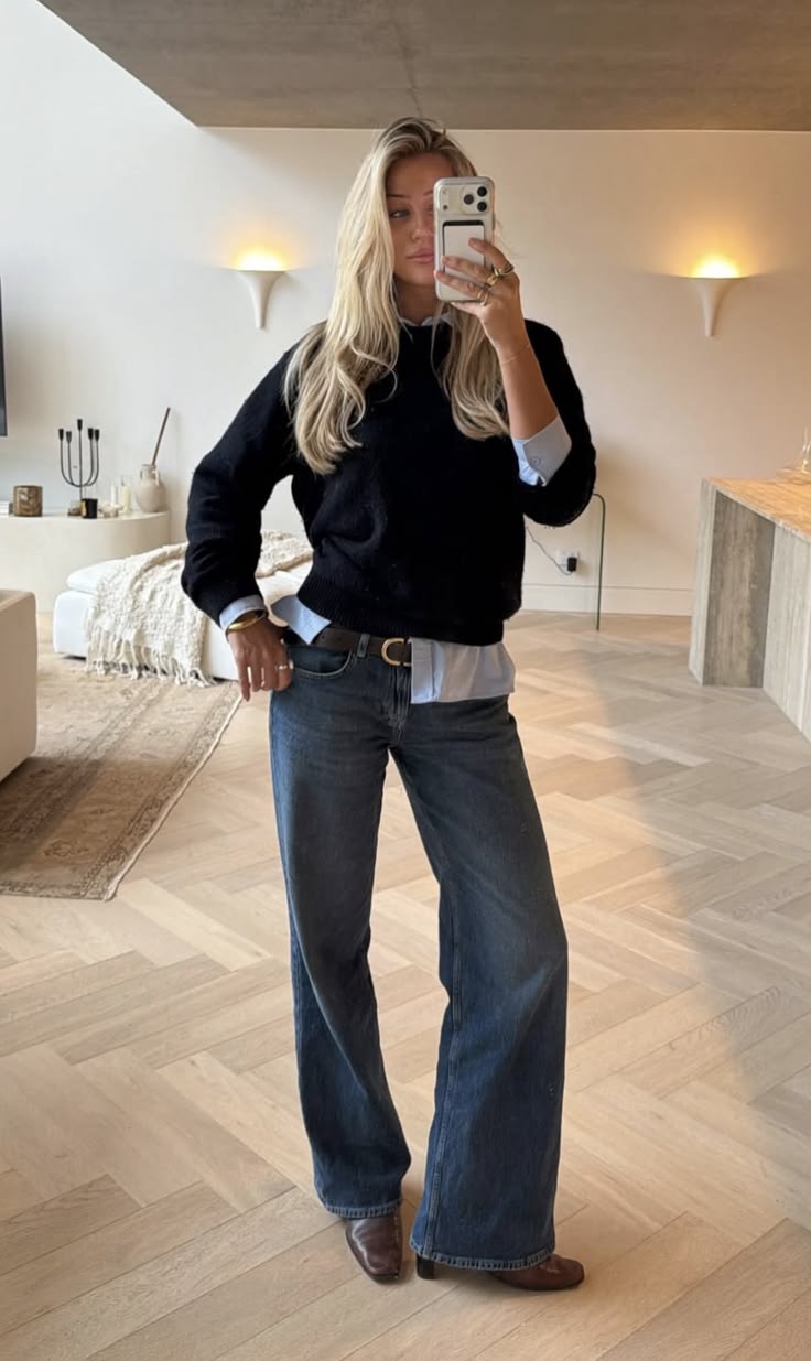 Autumn fall winter ootd work business casual outfit blue jea