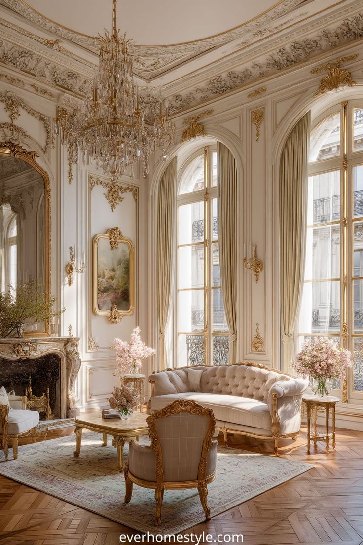 Luxurious Parisian living room with ornate molding, chandeli