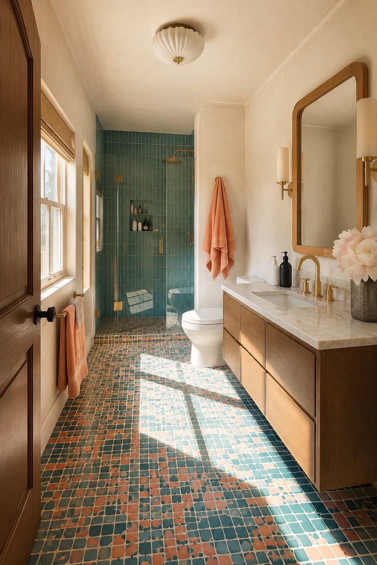 This colorful bathroom pairs deep teal shower tile with a pl