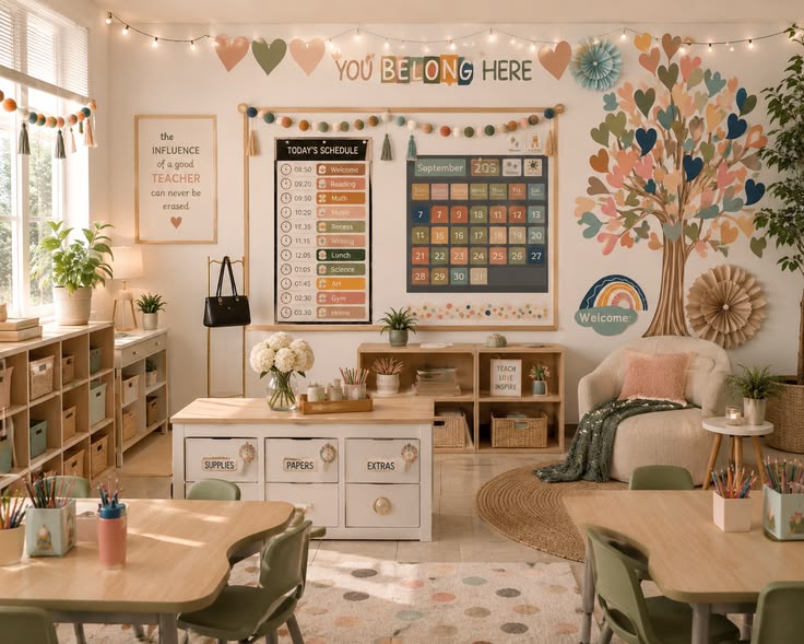 Create a warm and welcoming classroom with soft boho colors,
