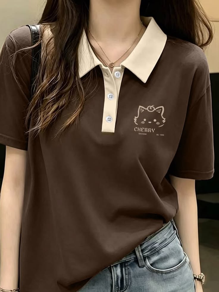 Women Cotton Blend Korean Style Printed Polo Top Long Sleeve