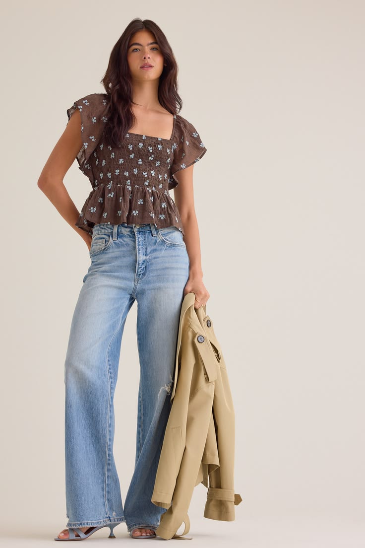 Maggy Embroidered Floral Top in Brown & Blue | Altar'd State