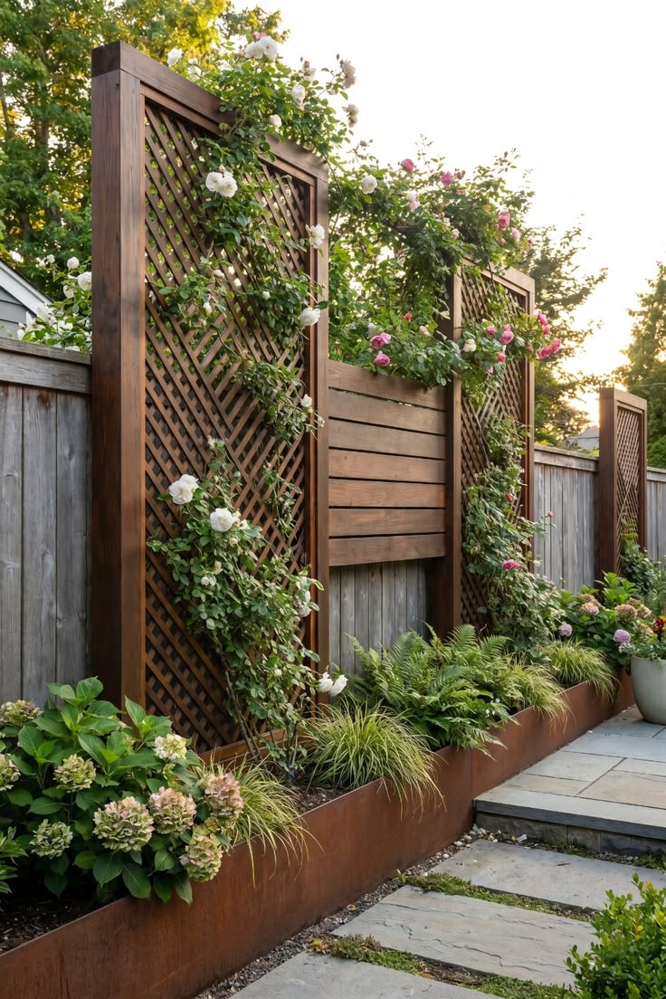 Industrial Metal Planters Supporting Privacy Trellises. I to