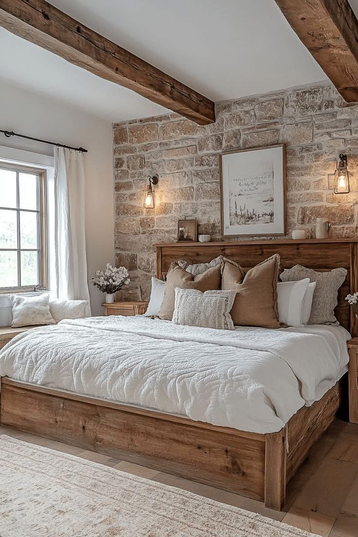 This cozy bedroom features a warm, rustic farmhouse style wi