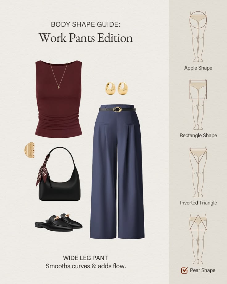 Create a balanced office outfit with flowing wide-leg pants 