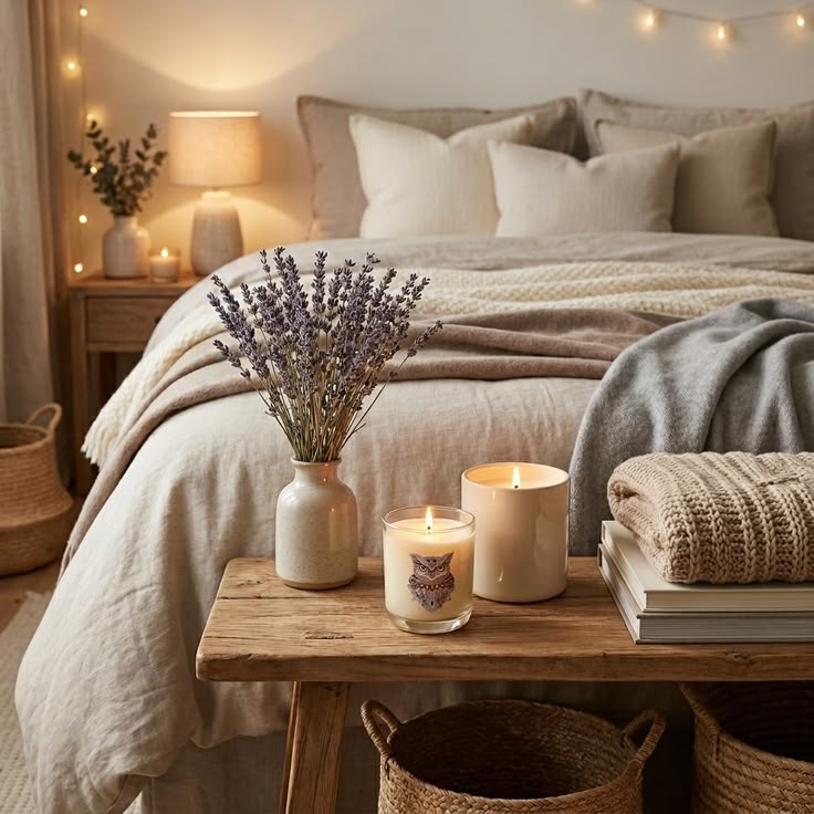 Make your bedroom feel calmer with simple candle styling. Pl