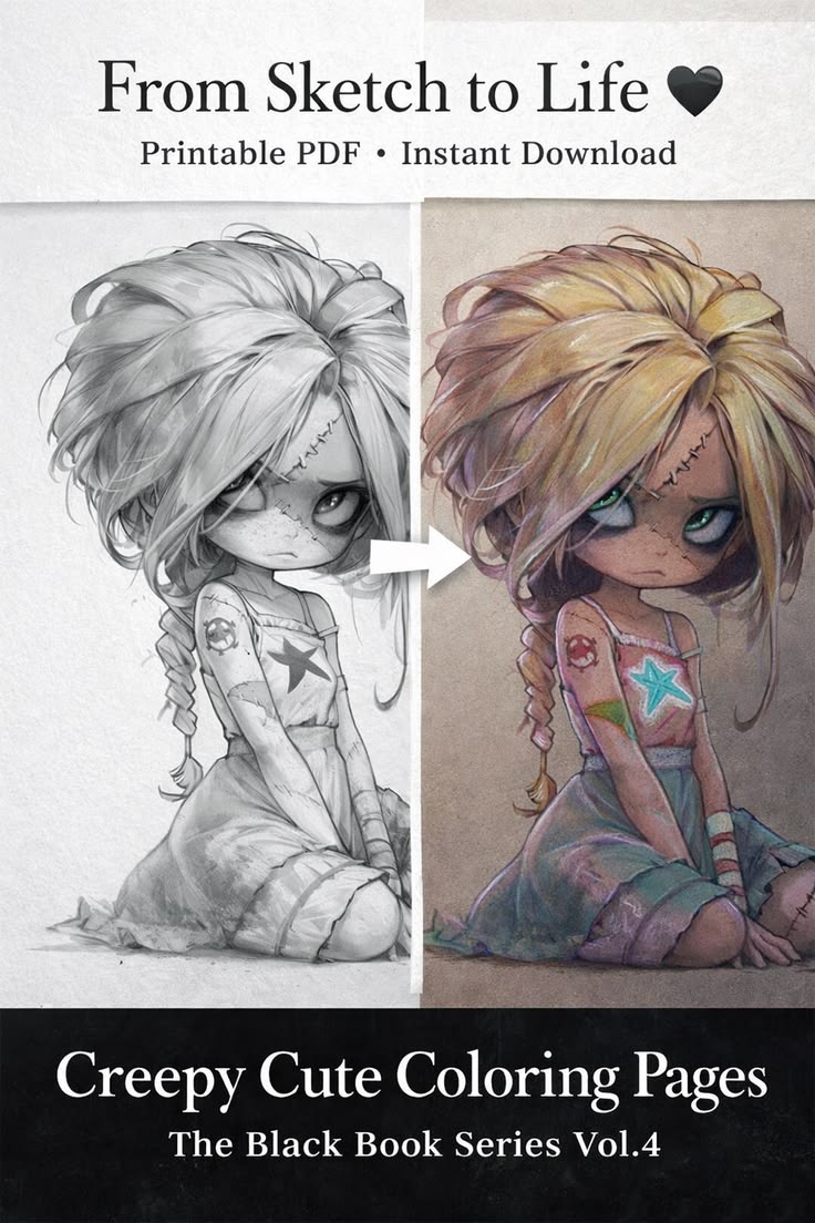 From sketch to life 🖤
Discover creepy cute coloring pages fo
