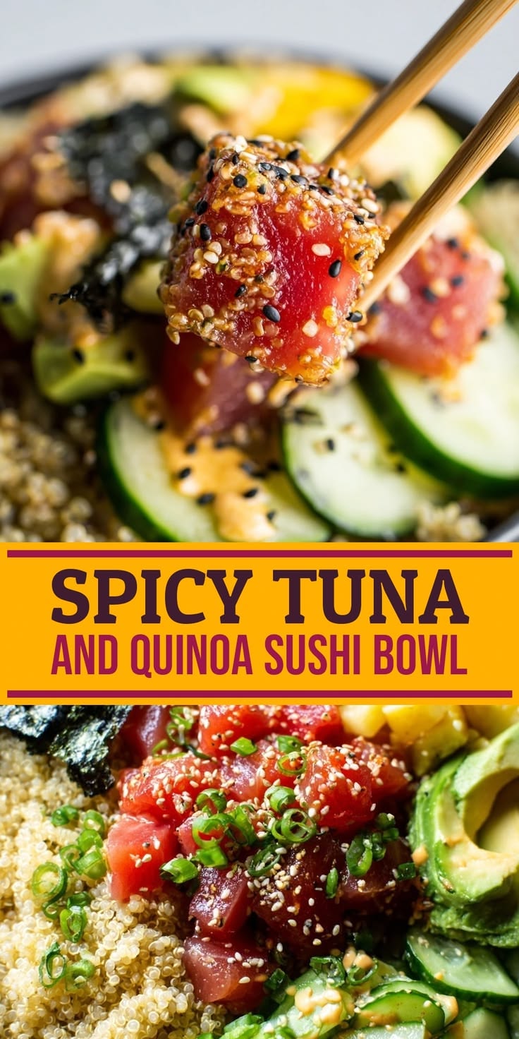 Quinoa Spicy Tuna Sushi Bowl combines creamy, spicy tuna wit