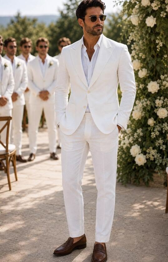 Men's White Linen Suit 2 Piece  White Groomsmen Wedding Suit