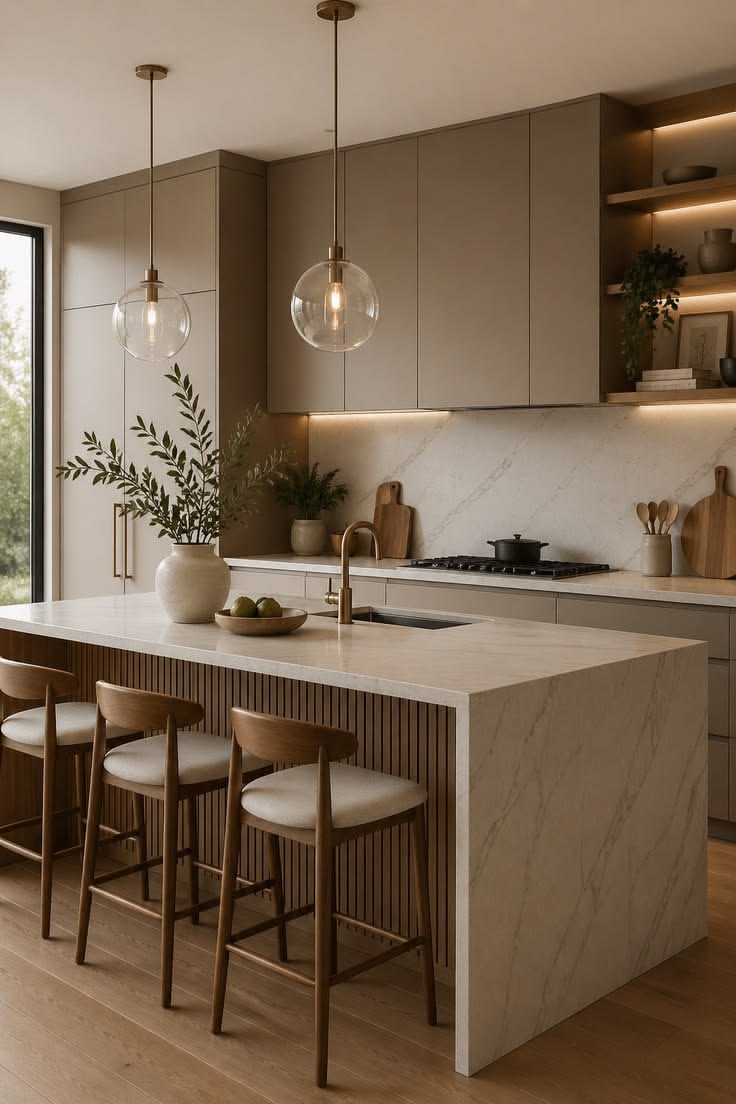 Bright modern kitchen with marble countertops, wooden stools
