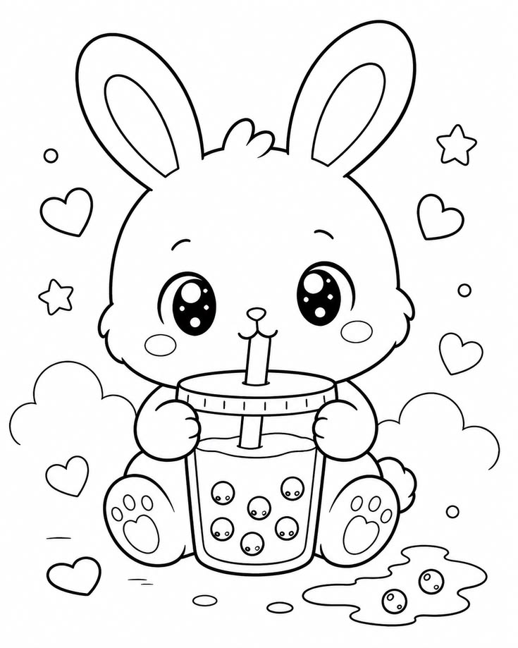 Cute kawaii bunny coloring page featuring an adorable chibi 