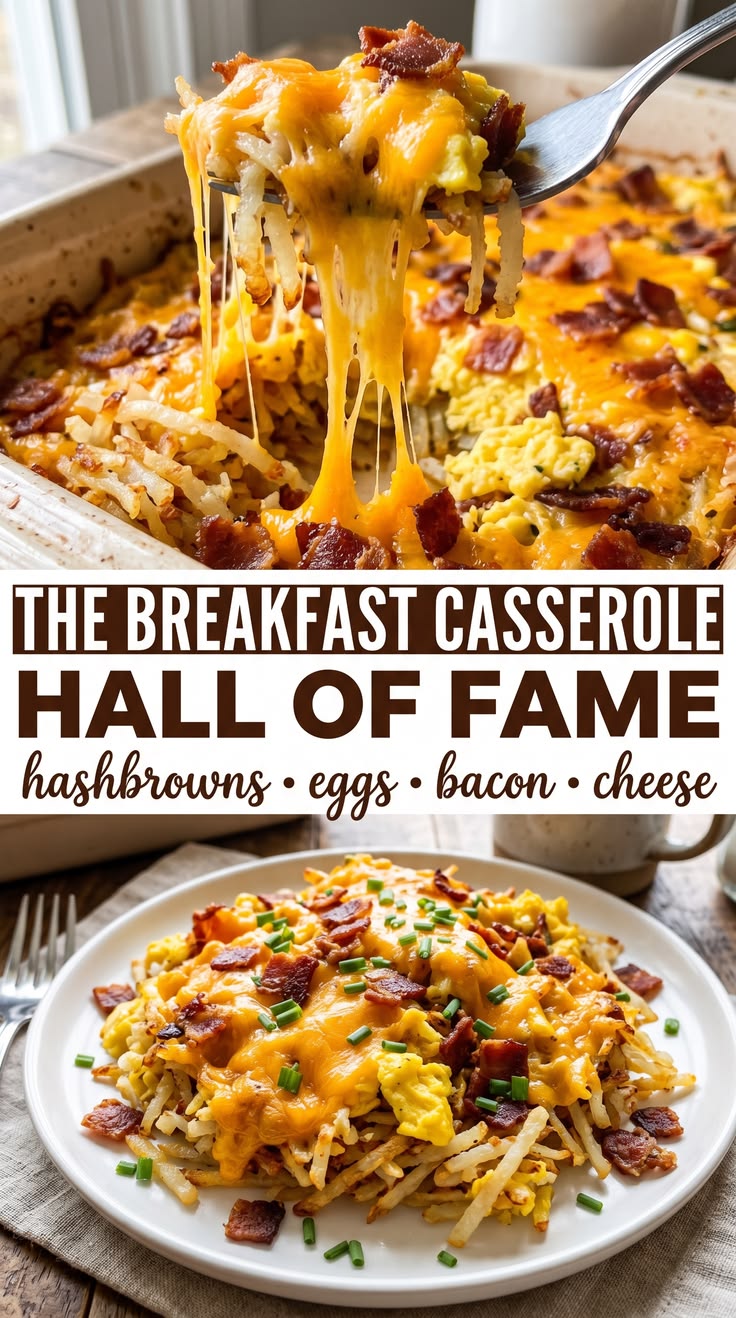 Golden hashbrown crust layered with bacon, egg, and melted c