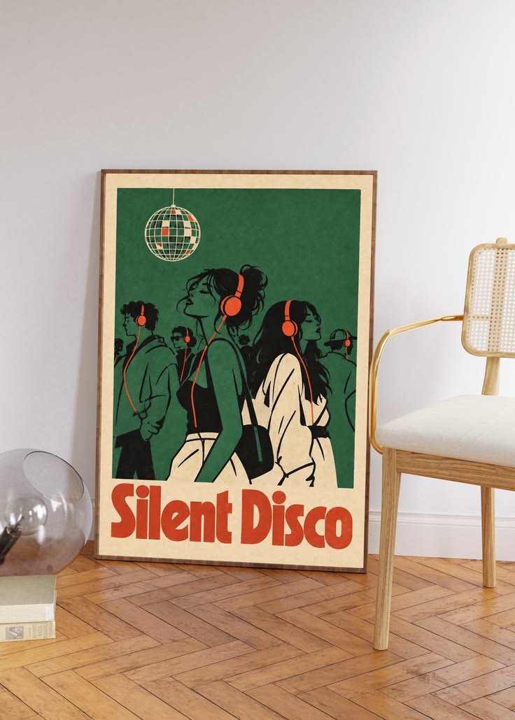 Silent Disco Print, Retro Music Wall Art, Headphones Typogra