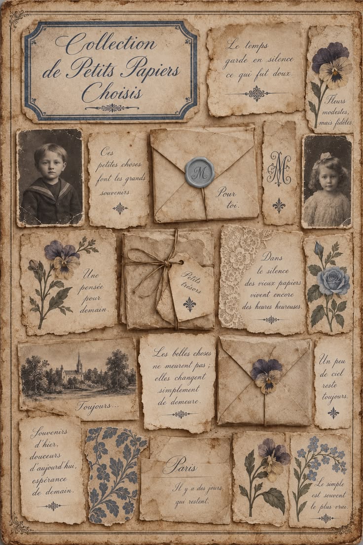 A collection of French-inspired antique paper ephemera featu