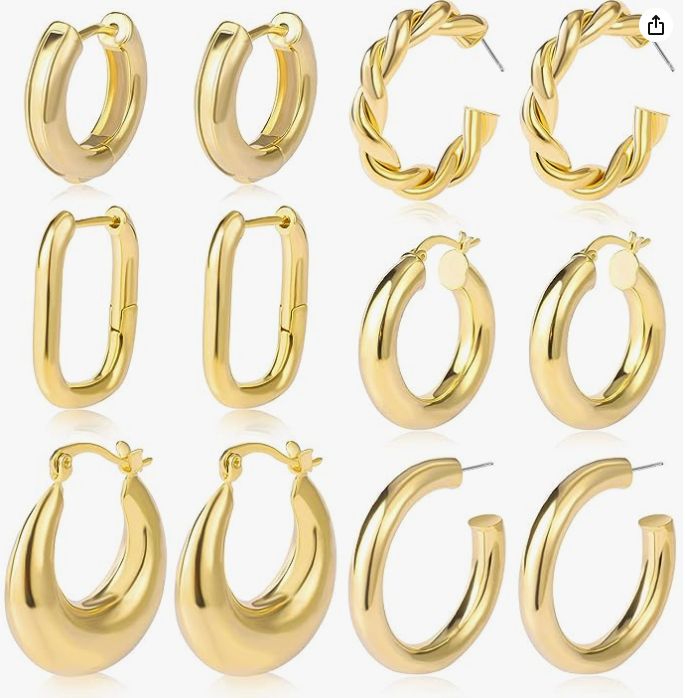 6 Pairs Chunky Gold Hoop Earrings Set for Women 14K Gold Pla