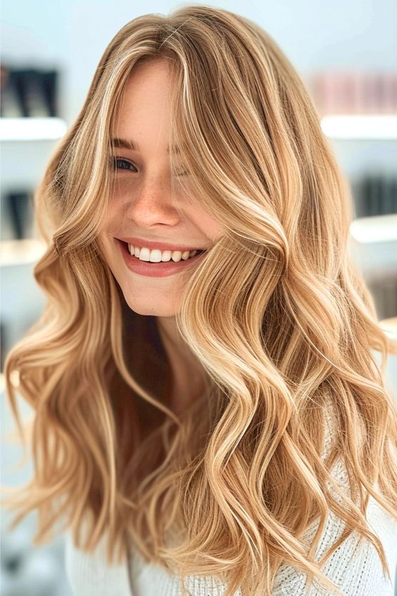 These multidimensional honey-blonde waves blend creamy and h