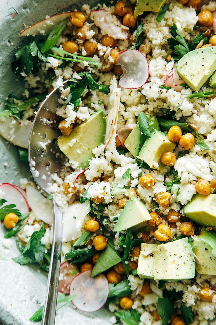 cauliflower + roasted garbanzo "rice and peas" with avocado,