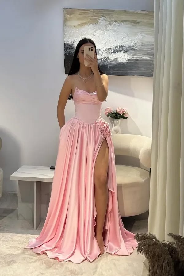 Blushing Pink Strapless A-Line Prom Dress Pleated with Flowe