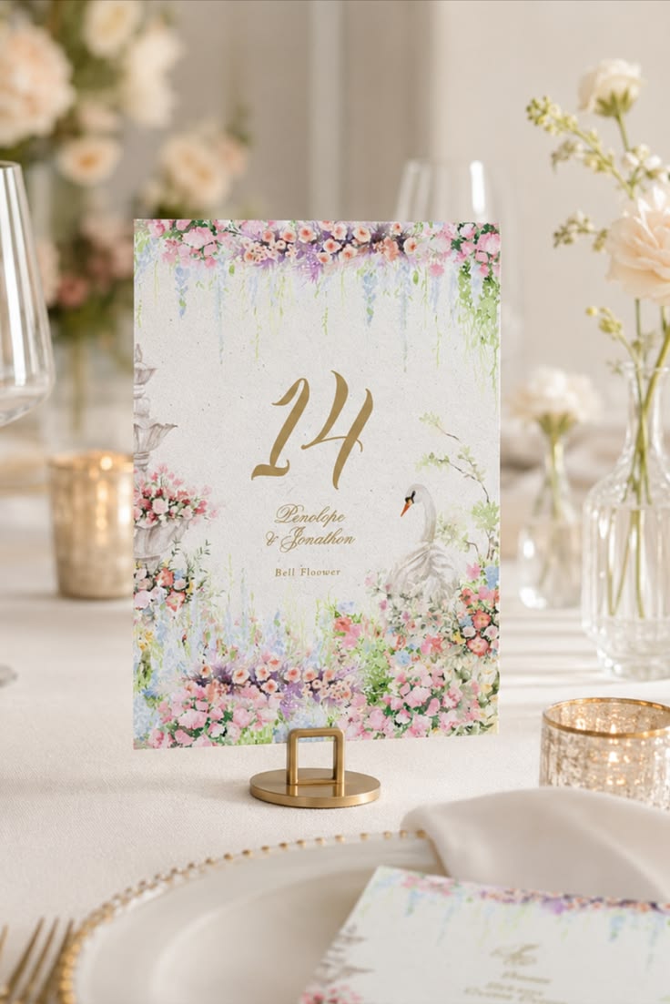 This 5" x 7" table number was painted for garden receptions,