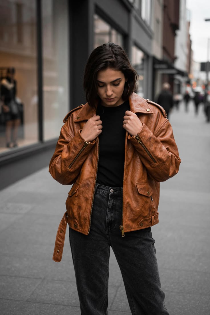How To Style Oversized Leather Jacket Women can wear on repe