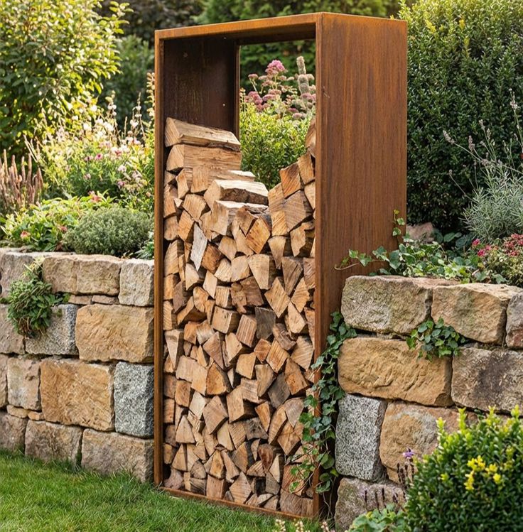 Holzregal aus Cortenstahl im Steinzaun