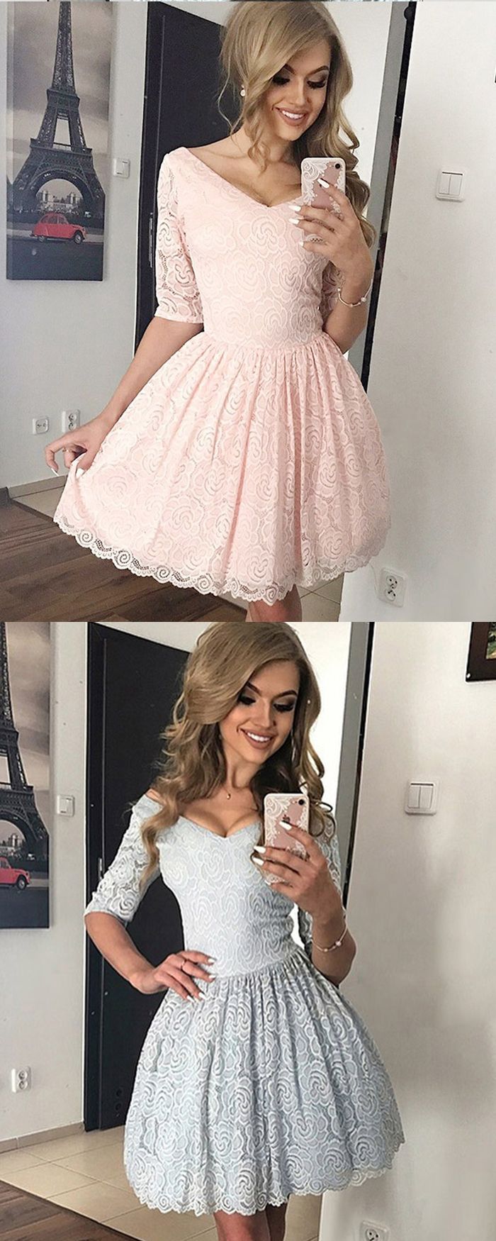 v-neck coral pink lace homecoming dress, A-line short prom d