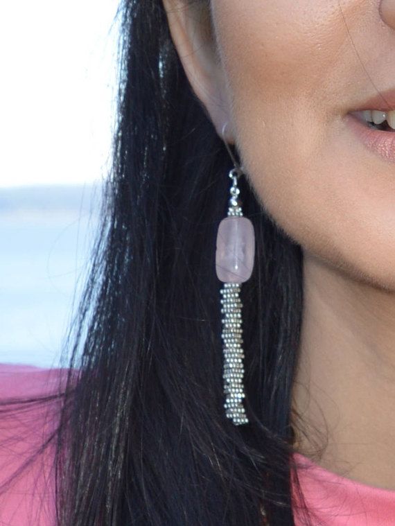 Rose quartz earrings Tumbled earrings Long beaded earrings