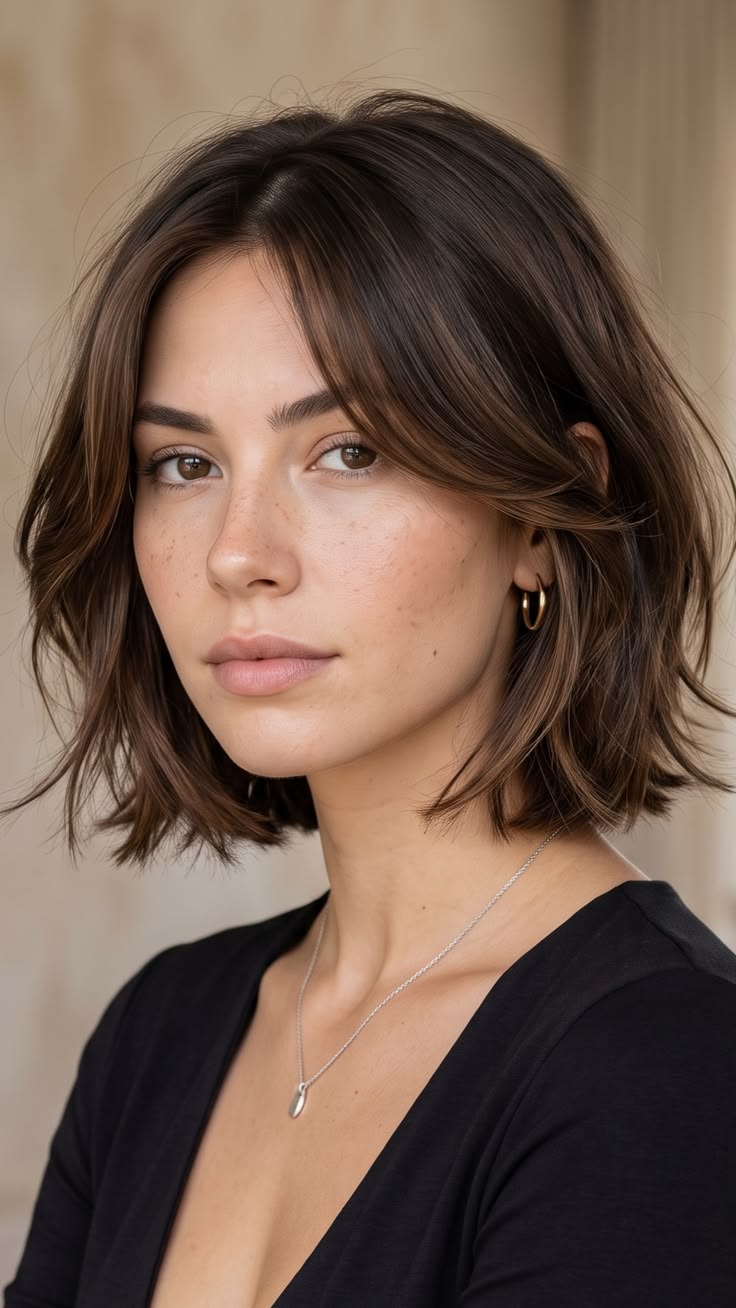 This textured French bob pairs soft curtain bangs with tousl