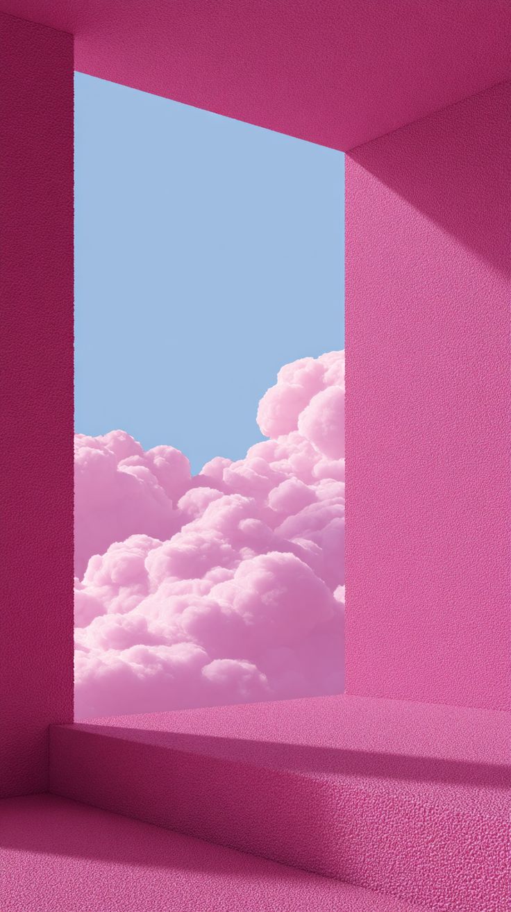 Minimalist dreamscape: a vibrant pink room opens into a surr