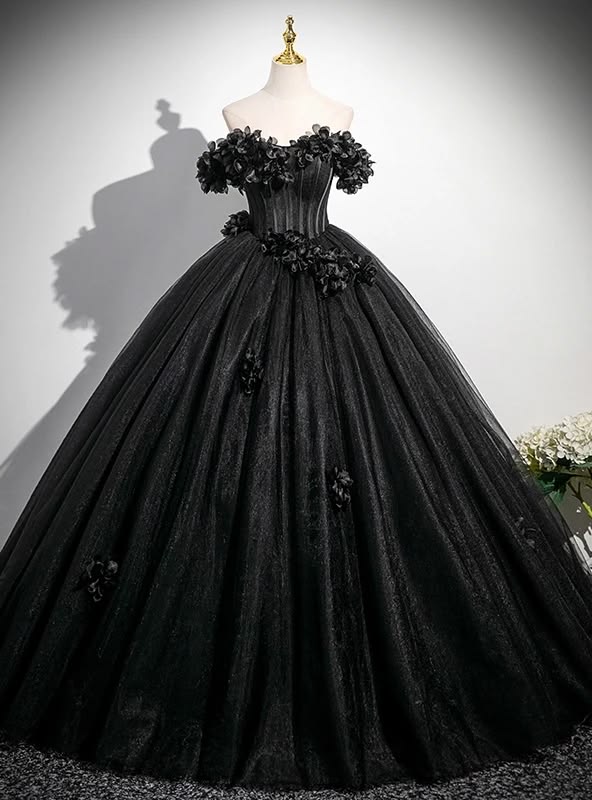 Fashion Black Tulle Off the Shoulder 3D Flower Quinceanera D