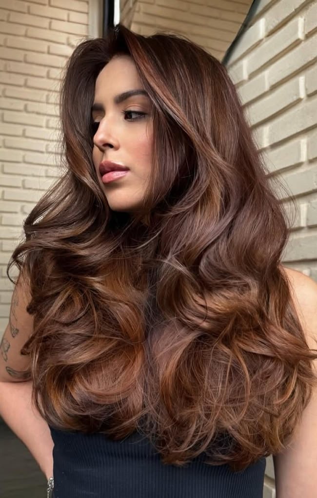 Discover martini chocolate brown on long layered hair, a ric