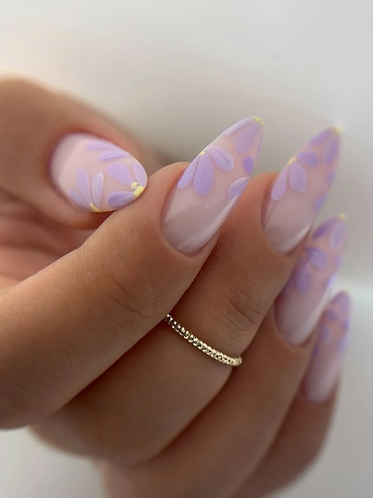 Dreamy and delicate lavender petal almond nails! Long, gloss