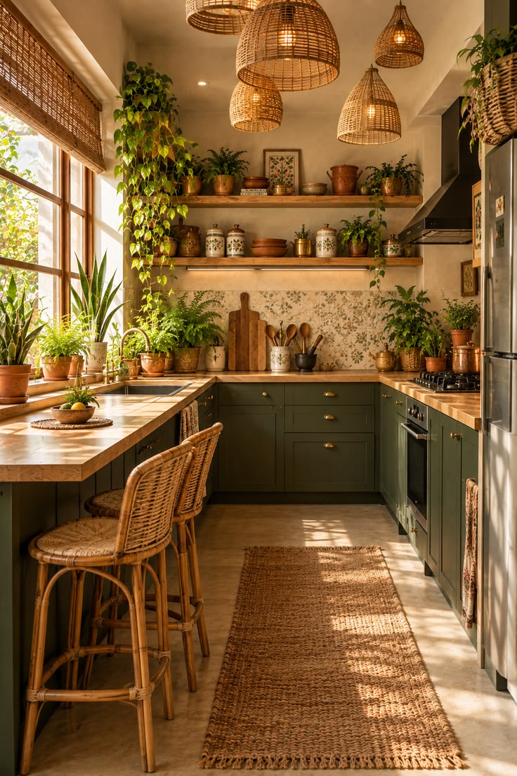 Bright, plant-filled kitchen with green cabinets and cozy wi