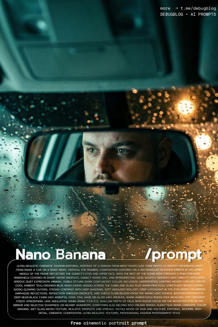 Moody cinematic night portrait captured from inside a car, c