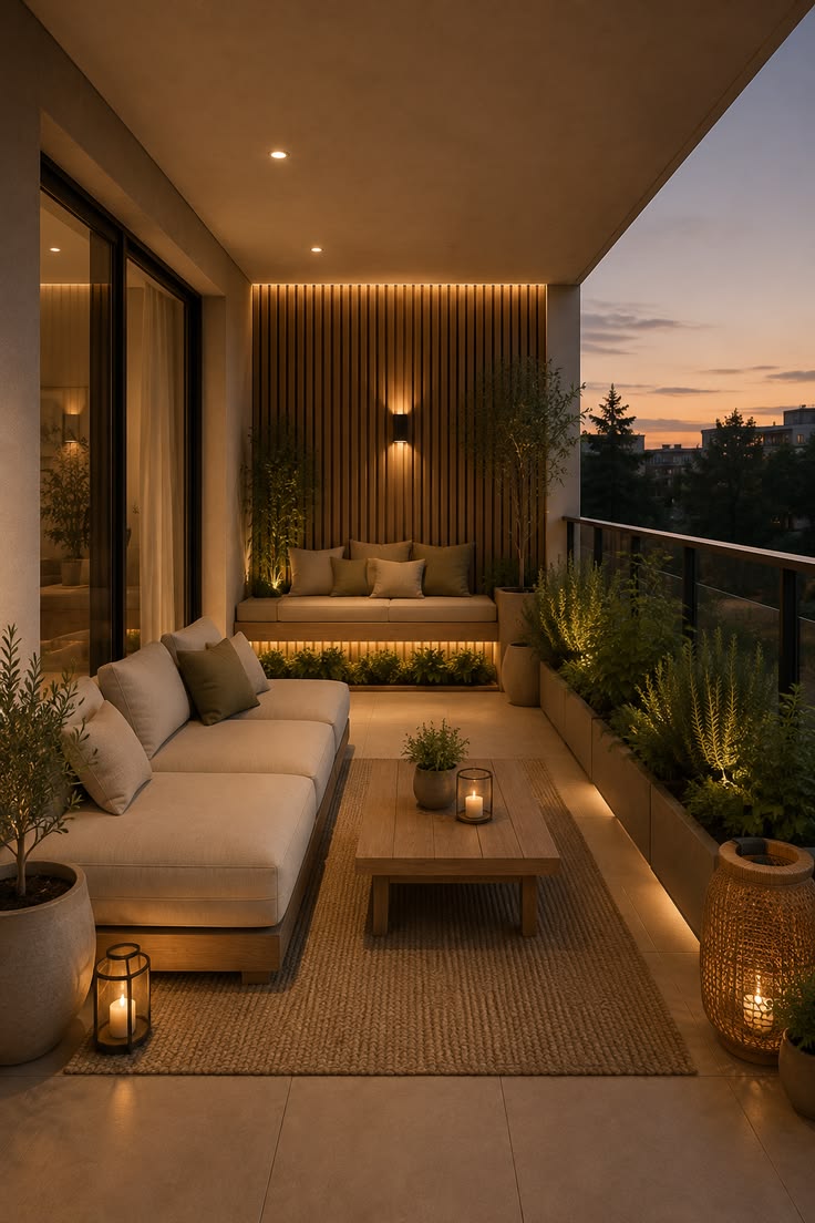 A stunning Japandi terrace designed with warm natural wood, 